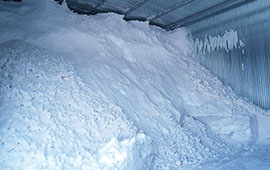 雪蔵には毎年700トンの雪が運ばれ気温5度を保つ（写真は3月の状態）